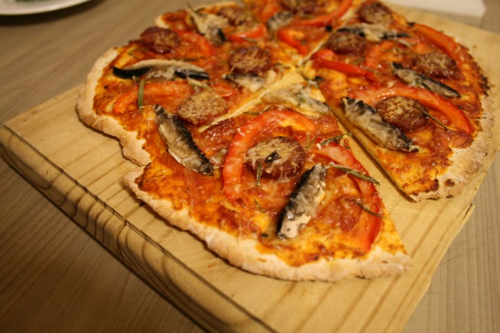 Into this - chorizo, mushroom and rosemary pizza