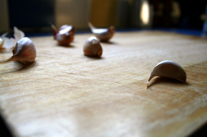 Garlic, while making pizza sauce. My old kitchen had fantastic natural light.
