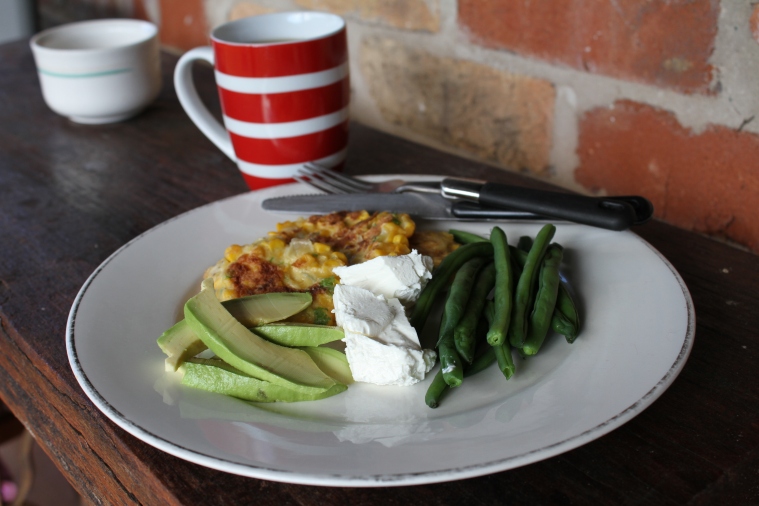 Last breakfast, sweetcorn fritters with avocado, danish feta and green beans, with smokey Lapsang Souchong tea
