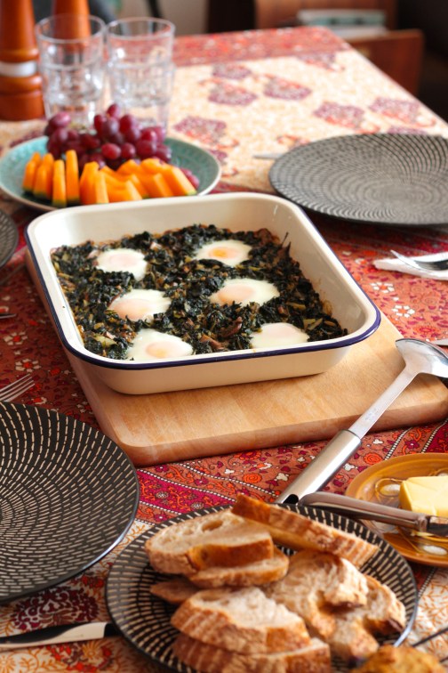 Baked eggs with silverbeet and mushrooms