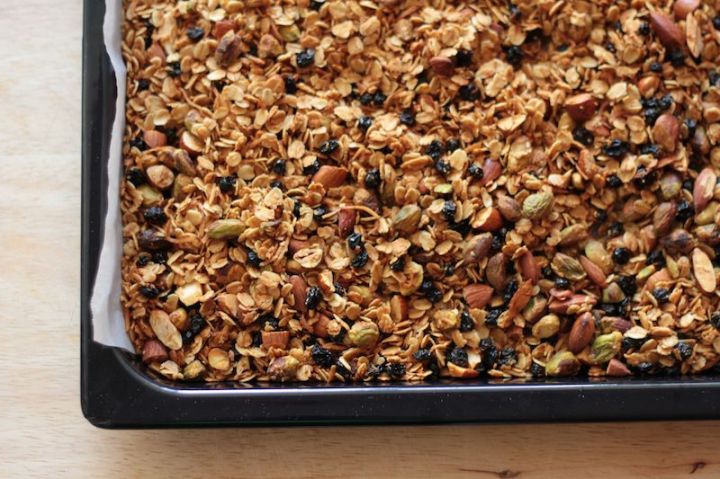 Browned and crispy granola, fresh from the oven