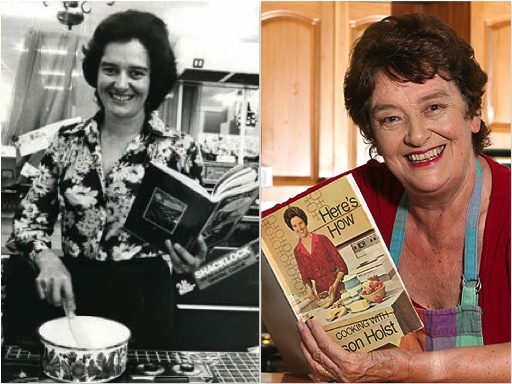 Alison Holst as a young TV presenter and Dame Alison Holst in 2010