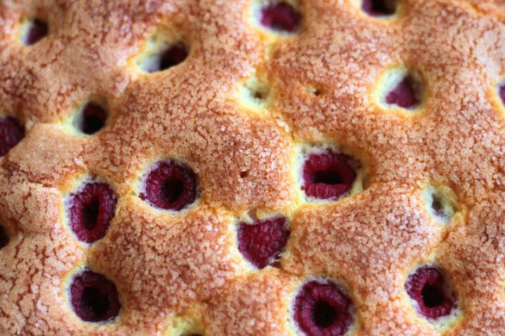 Close up of Raspberry Buttermilk Cake, showing the crunchy sugar topping