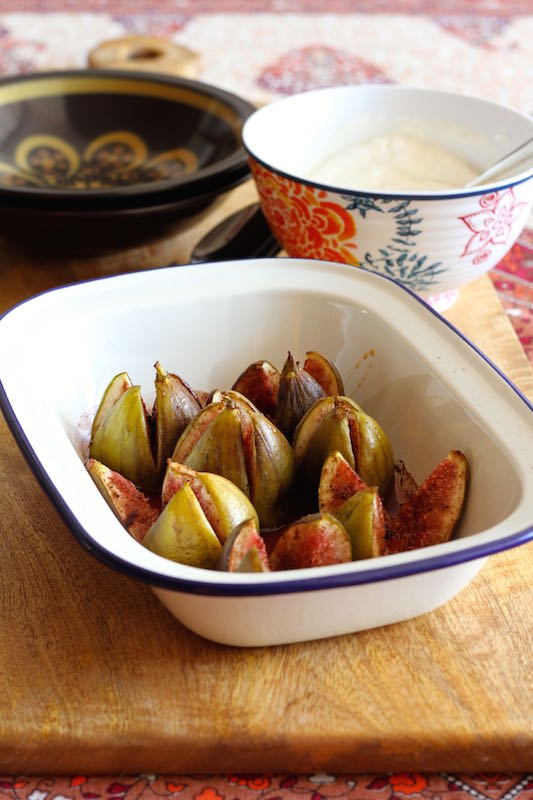 Autumn produce - fresh figs roasted with spices and served with lemon scented labneh