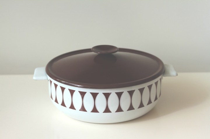 Mum's white and brown enamel casserole dish