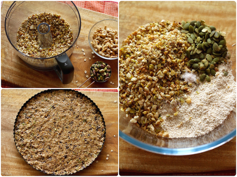 Grinding cashews and pistachios and combining with oat flour and pumpkin seeds