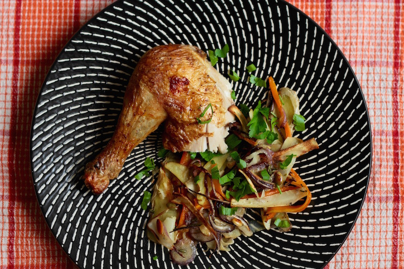 Best Roast Chicken with Nigel Slater's root vegetable tangle