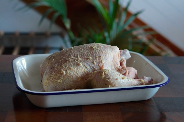 Chicken, adorned with butter, salt, pepper and herbs, ready for resting overnight