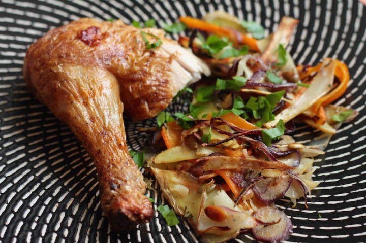 Roast Chicken with Nigel Slater's Root Vegetable Tangle