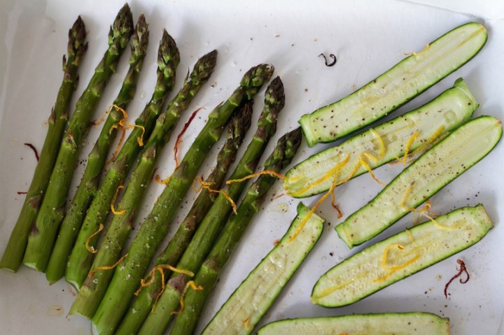 Roasted asparagus and courgettes with lemon zest