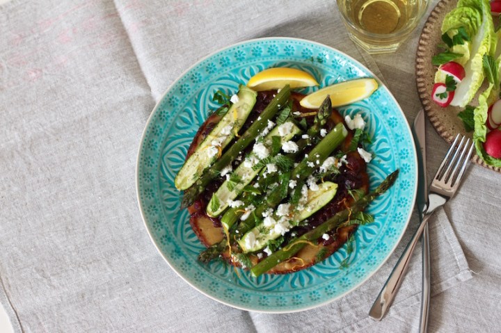 Chickpea pancake with caramelised onion, roasted vegetables and herbs