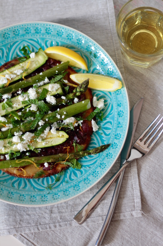Chickpea pancake with caramelised onion, roasted vegetables and herbs