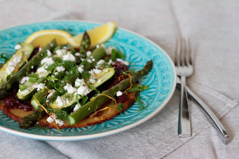 Chickpea pancake with caramelised onion, roasted vegetables and herbs