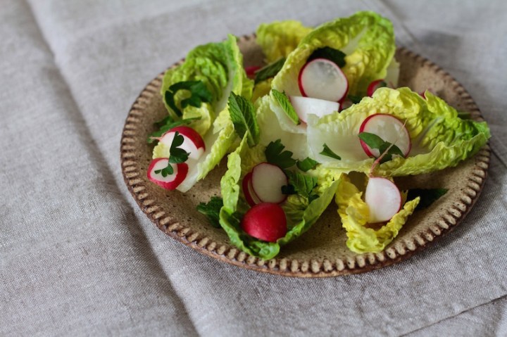 Spring salad with cos lettuce, radishes and herbs