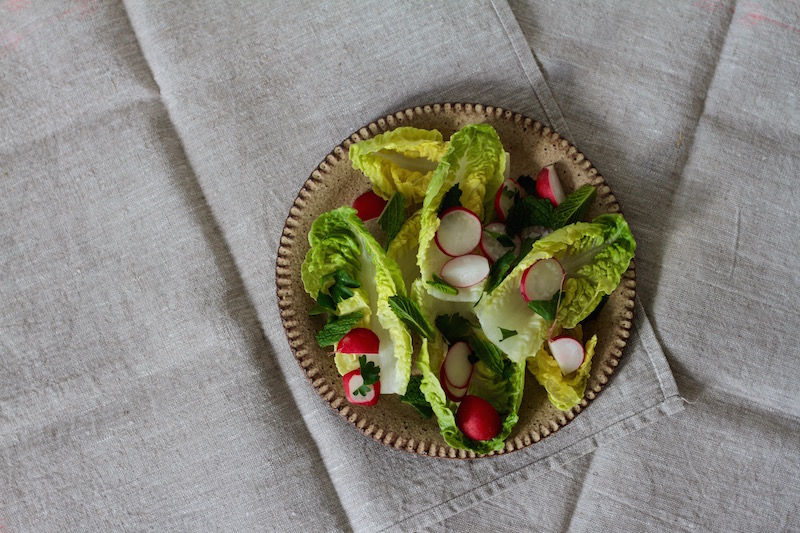 Cos lettuce, radishes and herbs - spring salad to go with socca