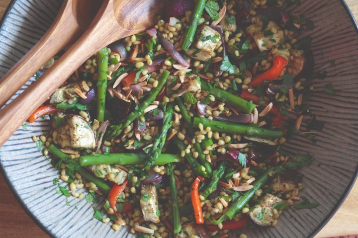 Freekeh Salad with Aubergine, Almond and Mint