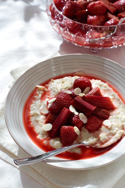 Food for spring - roasted rhubarb and strawberry compote served with oat porridge