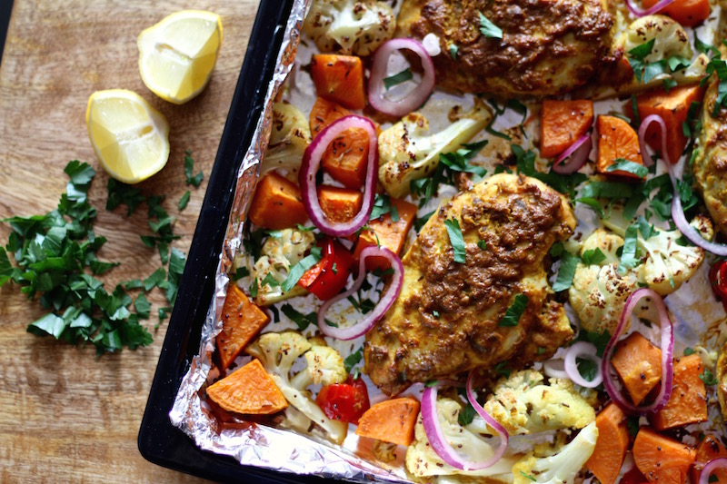 Quick and easy Baked Chicken Tikka with Spiced Sweet Potato and Cauliflower