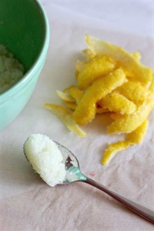 Lemon infused sugar for Strawberry & Peppercorn Shrub