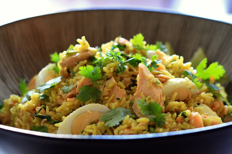 Kedgeree with poached salmon, coriander, lime and turmeric
