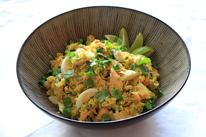 Kedgeree with poached salmon, coriander, lime and turmeric