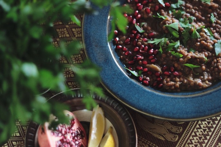 Lentils, aubergine, pomegrante, lemon, cumin and parsley