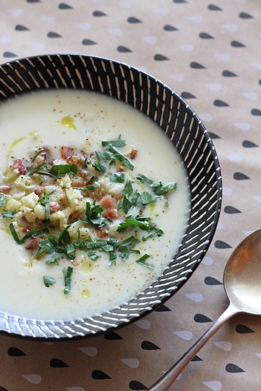 Cauliflower and Parsnip Soup with Bacon Sprinkles