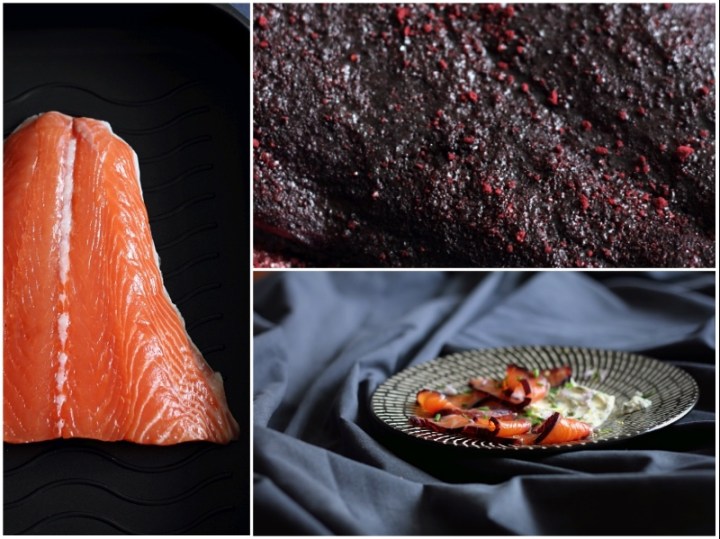 Salmon cured with blackcurrant powder and served with herb cream cheese